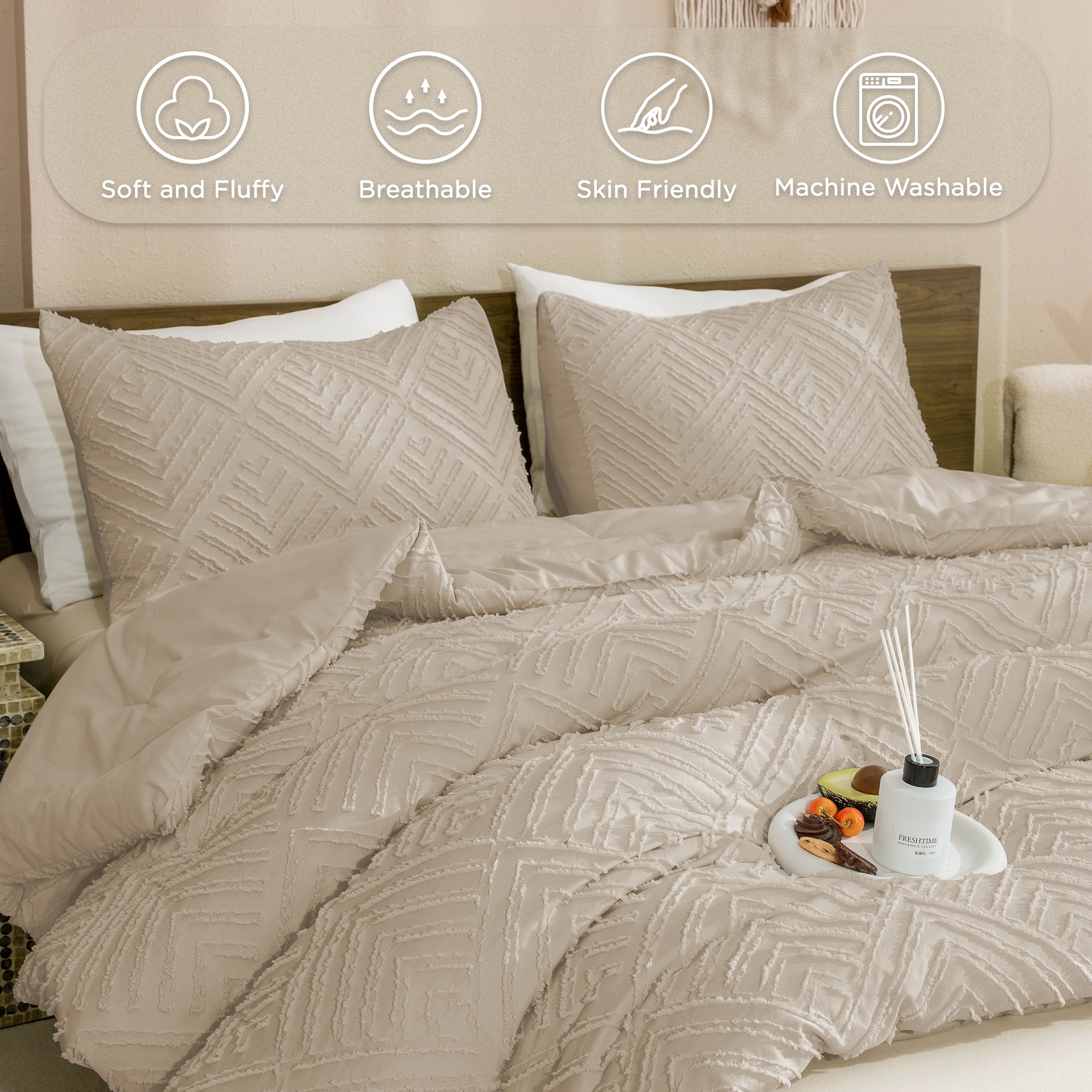 ANGENIA Comforter Set, 3 Pieces Fluffy Cream Boho Bedding Comforters Set, Soft Lightweight Tufted Down Alternative Bed Set for All Season