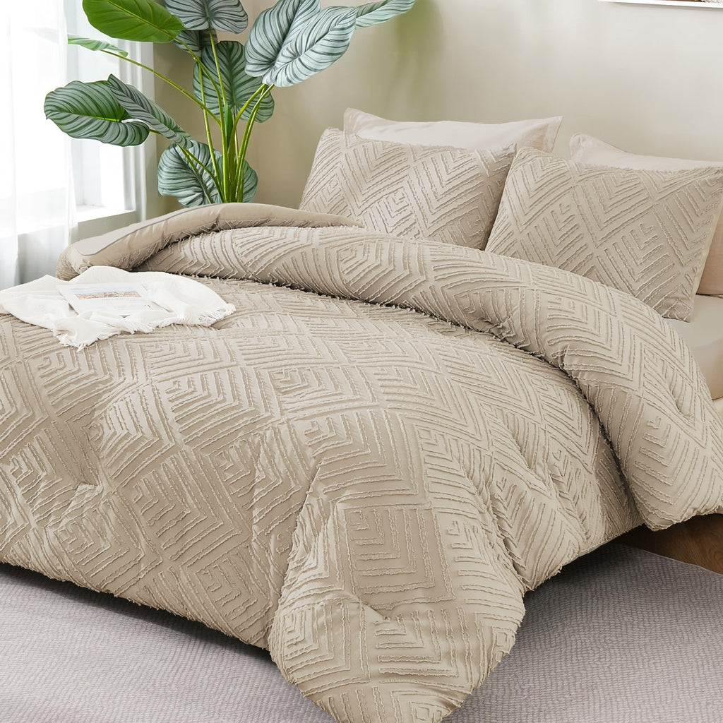 ANGENIA Bohemian Cream Comforter Set with Sheet, 7 Pieces Bed in a Bag Soft Lightweight Fluffy Tufted All Season Bed Set with Comforter, Sheets, Pillowcases & Shams