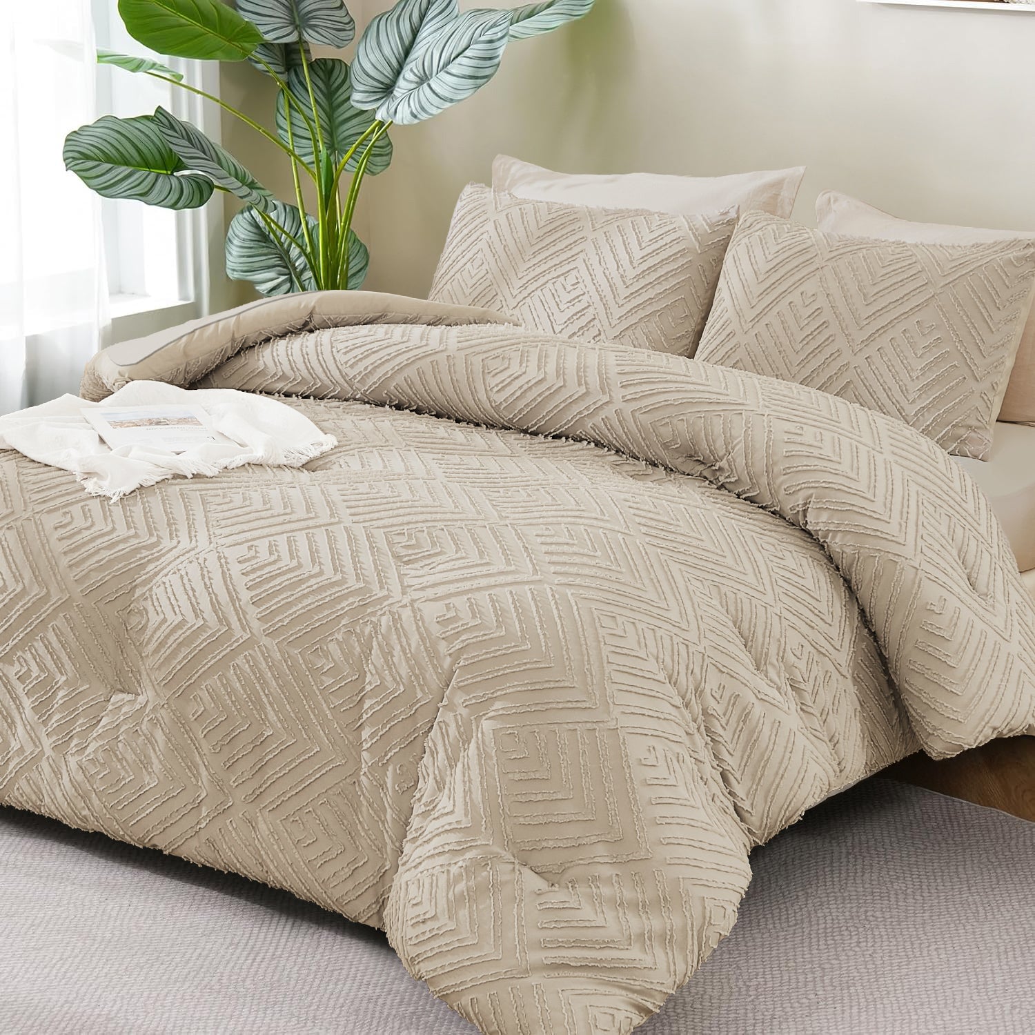 ANGENIA Bohemian Cream Comforter Set with Sheet, 7 Pieces Bed in a Bag Soft Lightweight Fluffy Tufted All Season Bed Set with Comforter, Sheets, Pillowcases & Shams