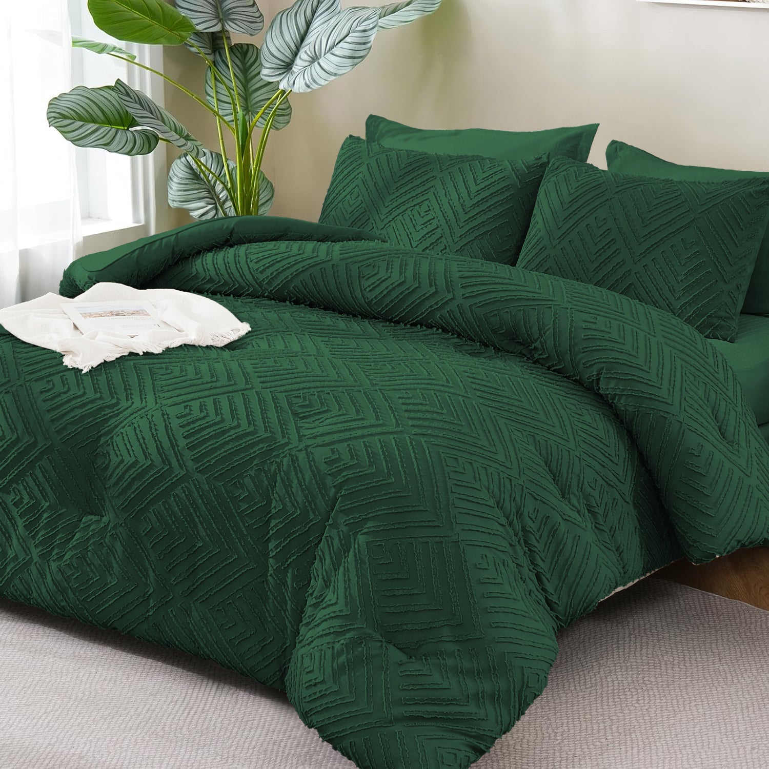 ANGENIA Bohemian Cream Comforter Set with Sheet, 7 Pieces Bed in a Bag Soft Lightweight Fluffy Tufted All Season Bed Set with Comforter, Sheets, Pillowcases & Shams