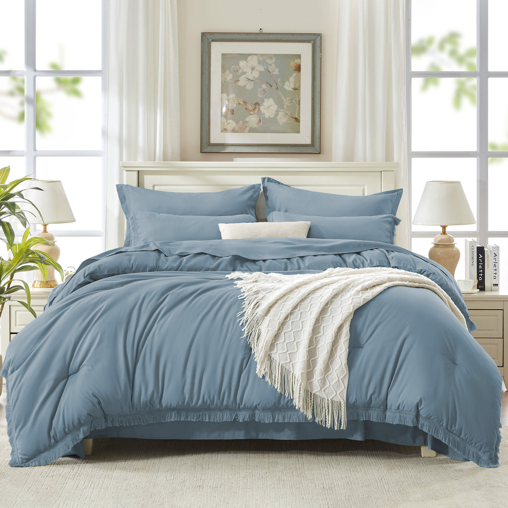 Andency 7 Pieces Comforter Sets -  Bed in a Bag Soft Fluffy Bedding Comforter Sets - Lightweight Cream Boho Tassel Bed Set with Comforter, Sheets, Pillowcases & Shams