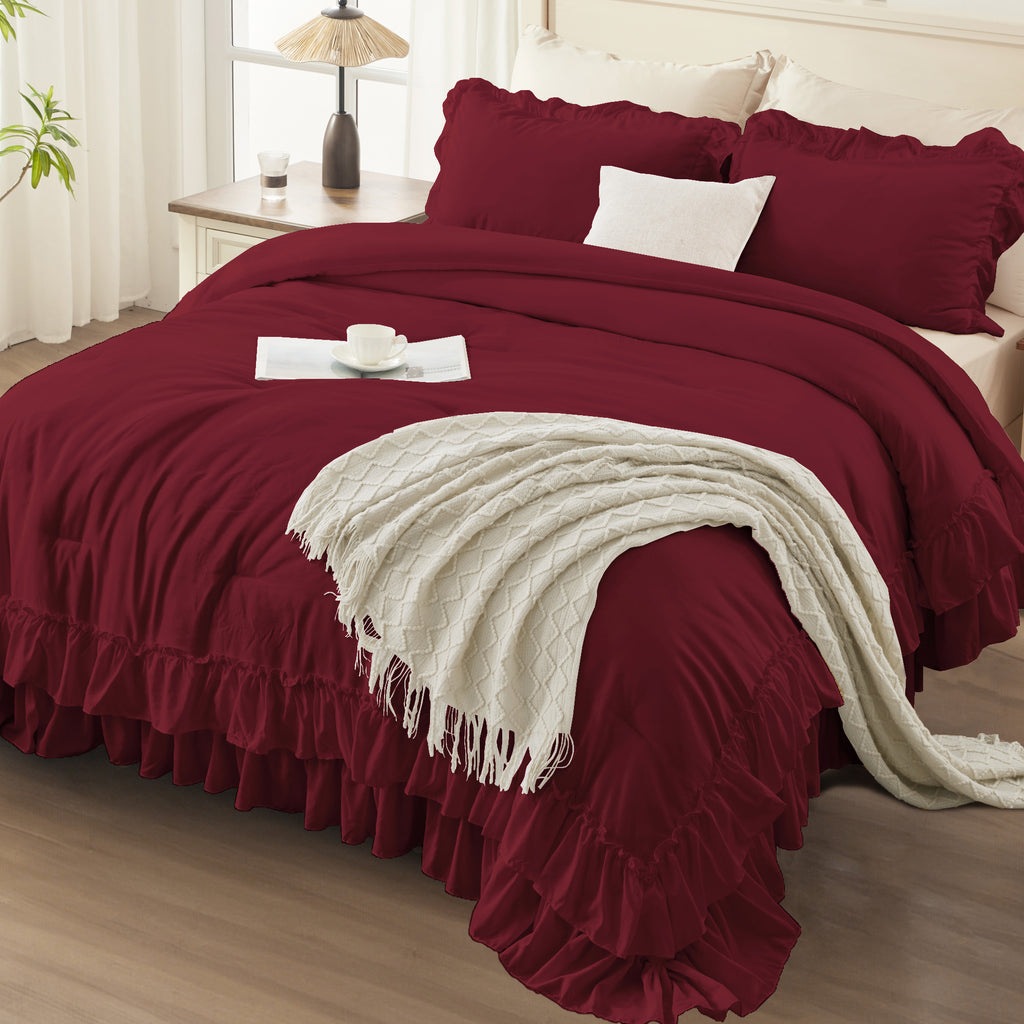 ANGENIA 3 Pieces Ruffle Comforter Set,  Solid Farmhouse Bedding Comforter Sets, Cozy Fluffy Lightweight Down Alternative Bed Set for Girls Teens Women Men