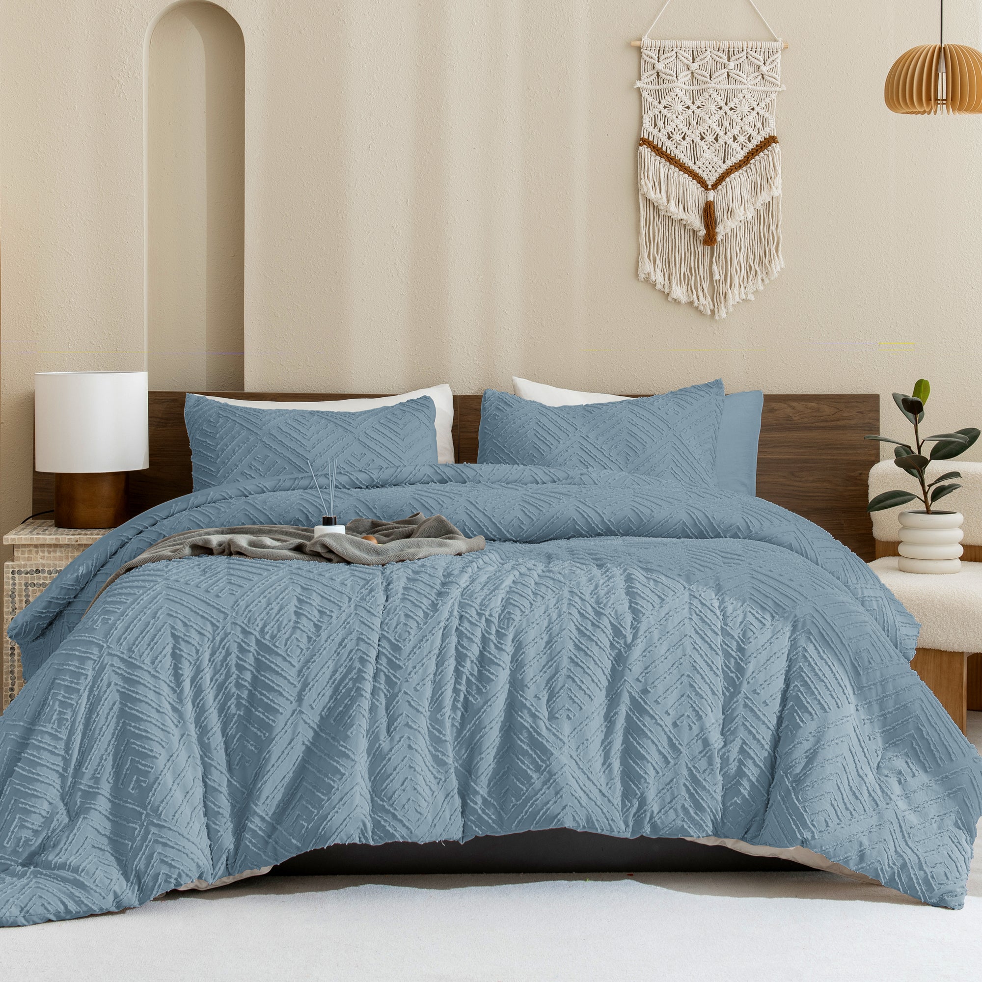 ANGENIA Comforter Set, 3 Pieces Fluffy Cream Boho Bedding Comforters Set, Soft Lightweight Tufted Down Alternative Bed Set for All Season