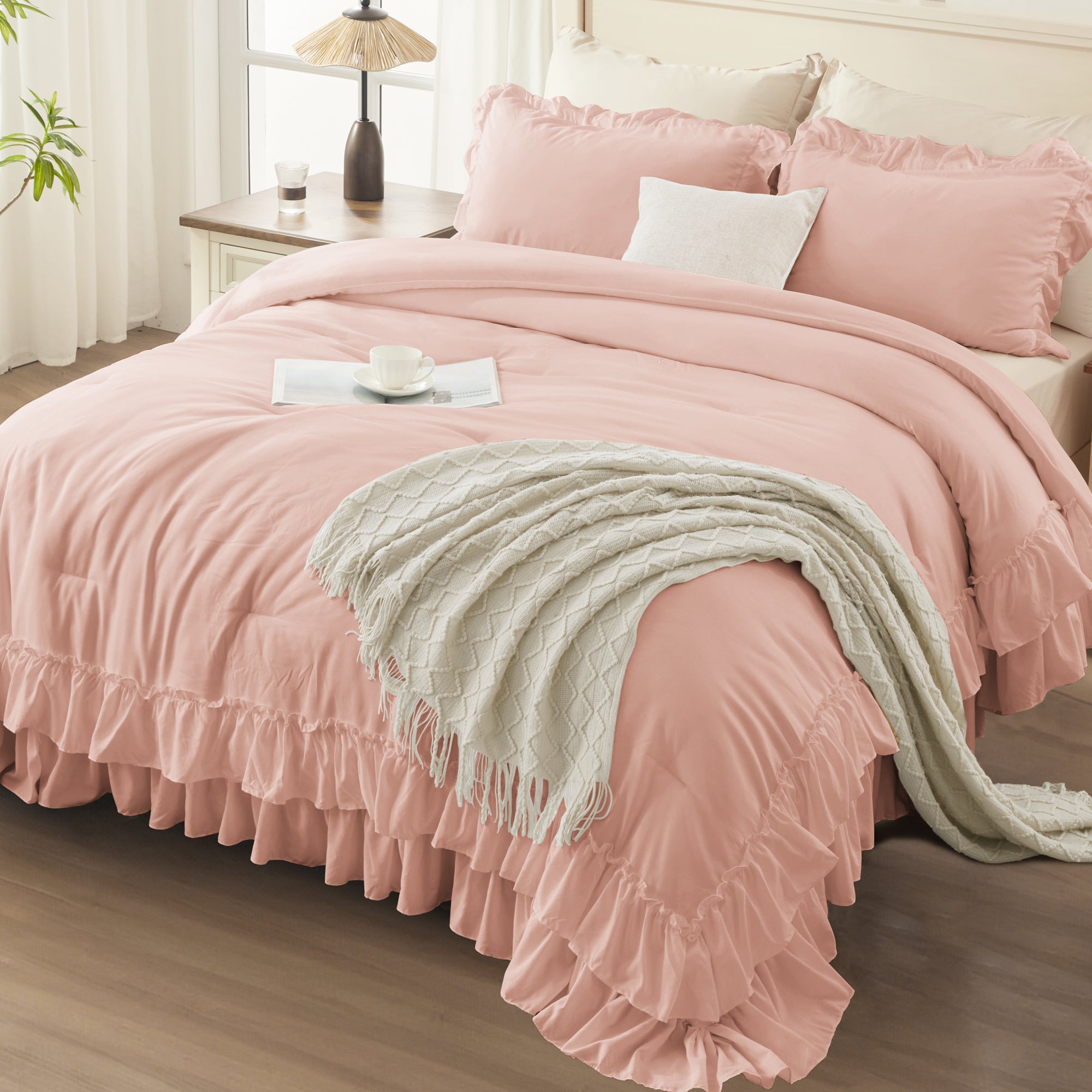 ANGENIA 3 Pieces Ruffle Comforter Set,  Solid Farmhouse Bedding Comforter Sets, Cozy Fluffy Lightweight Down Alternative Bed Set for Girls Teens Women Men