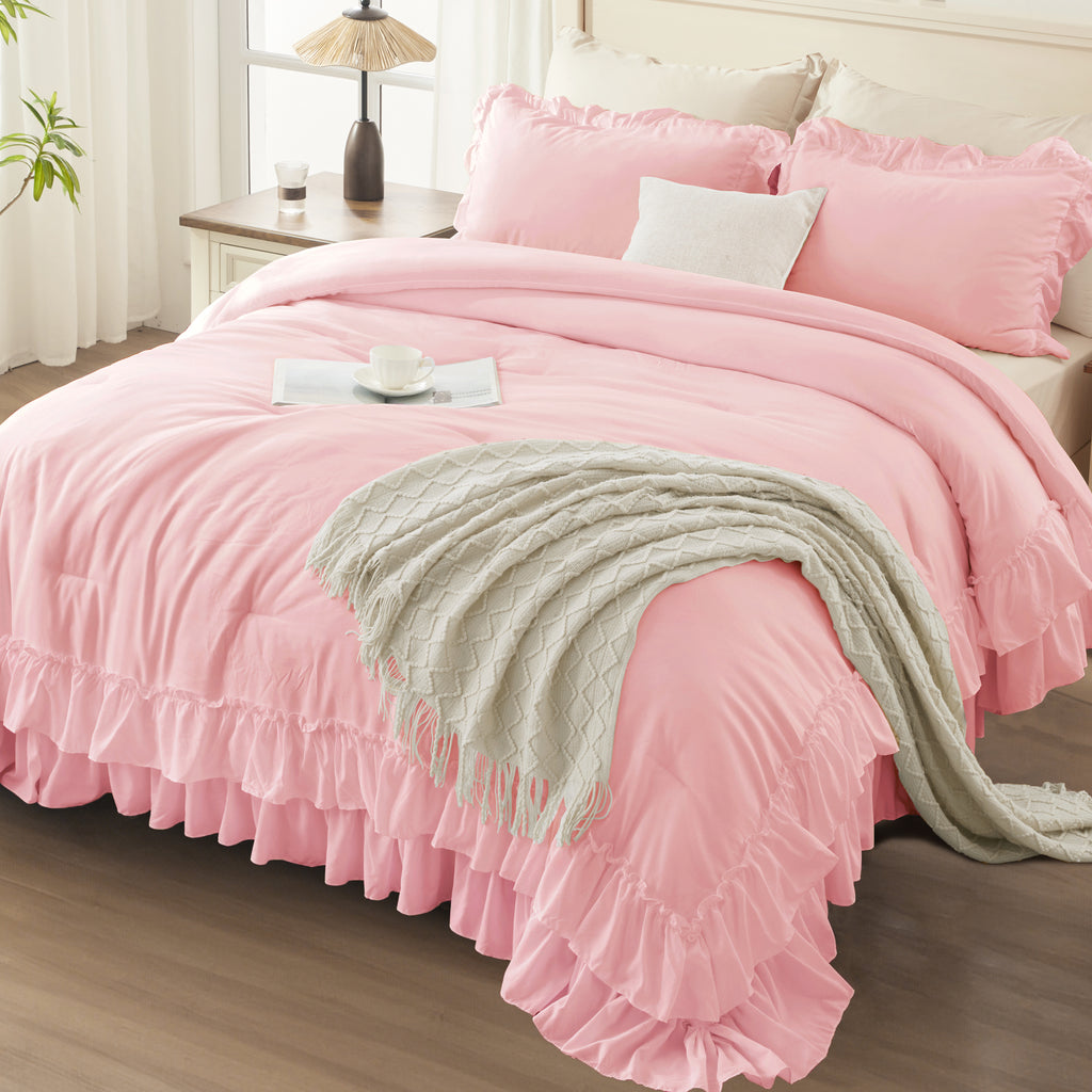 ANGENIA 3 Pieces Ruffle Comforter Set,  Solid Farmhouse Bedding Comforter Sets, Cozy Fluffy Lightweight Down Alternative Bed Set for Girls Teens Women Men