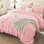 ANGENIA 3 Pieces Ruffle Comforter Set,  Solid Farmhouse Bedding Comforter Sets, Cozy Fluffy Lightweight Down Alternative Bed Set for Girls Teens Women Men