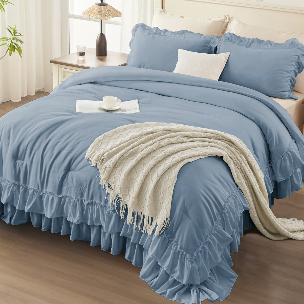 ANGENIA 3 Pieces Ruffle Comforter Set,  Solid Farmhouse Bedding Comforter Sets, Cozy Fluffy Lightweight Down Alternative Bed Set for Girls Teens Women Men