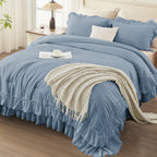 ANGENIA 3 Pieces Ruffle Comforter Set,  Solid Farmhouse Bedding Comforter Sets, Cozy Fluffy Lightweight Down Alternative Bed Set for Girls Teens Women Men