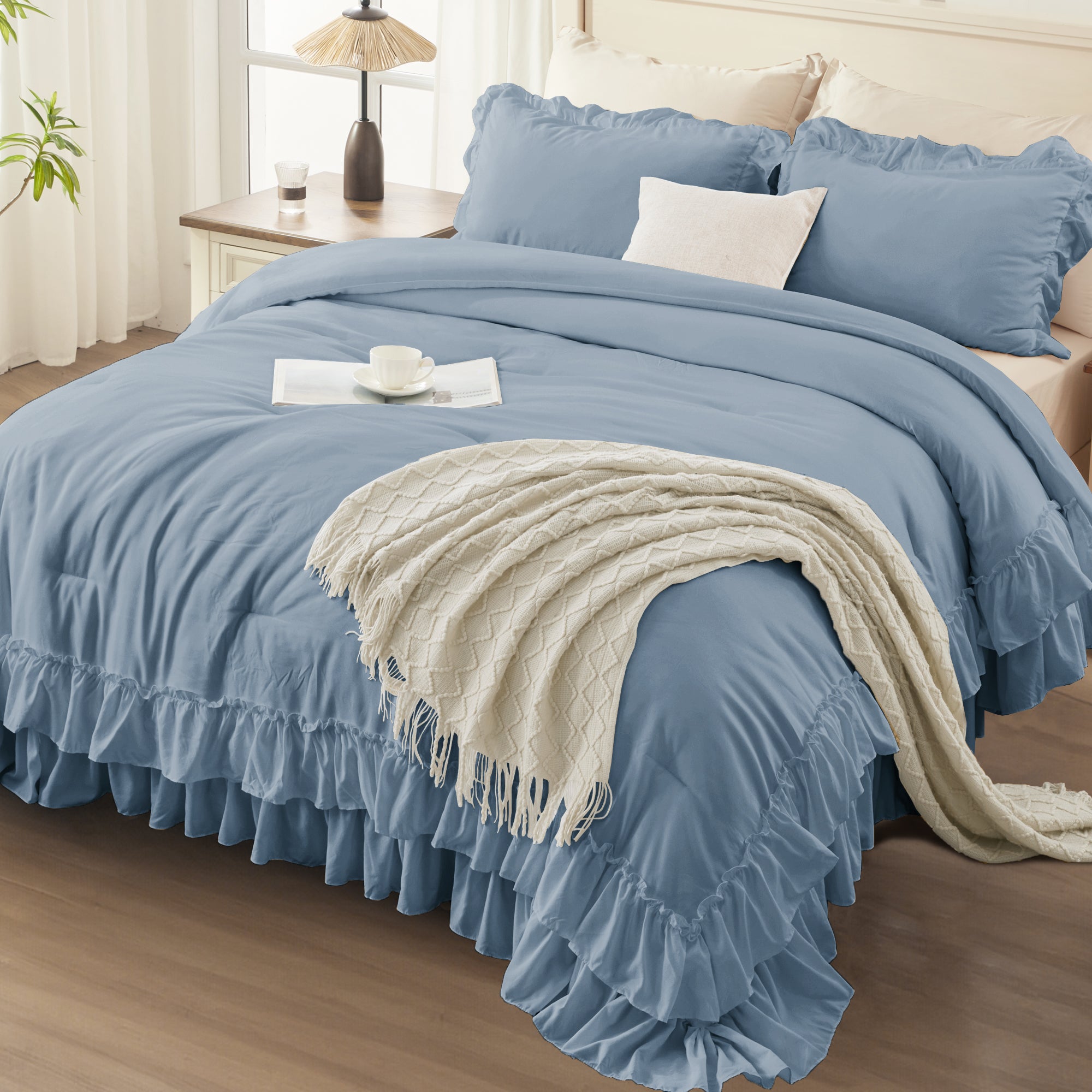 ANGENIA 3 Pieces Ruffle Comforter Set,  Solid Farmhouse Bedding Comforter Sets, Cozy Fluffy Lightweight Down Alternative Bed Set for Girls Teens Women Men