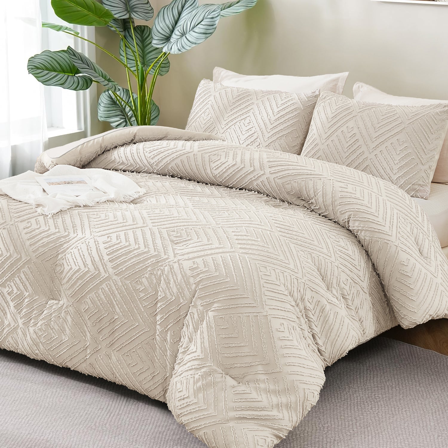 ANGENIA Bohemian Cream Comforter Set with Sheet, 7 Pieces Bed in a Bag Soft Lightweight Fluffy Tufted All Season Bed Set with Comforter, Sheets, Pillowcases & Shams