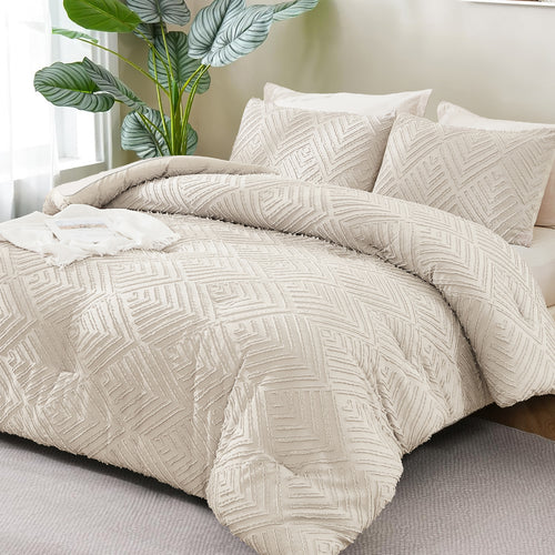 ANGENIA Bohemian Cream Comforter Set with Sheet, 7 Pieces Bed in a Bag Soft Lightweight Fluffy Tufted All Season Bed Set with Comforter, Sheets, Pillowcases & Shams