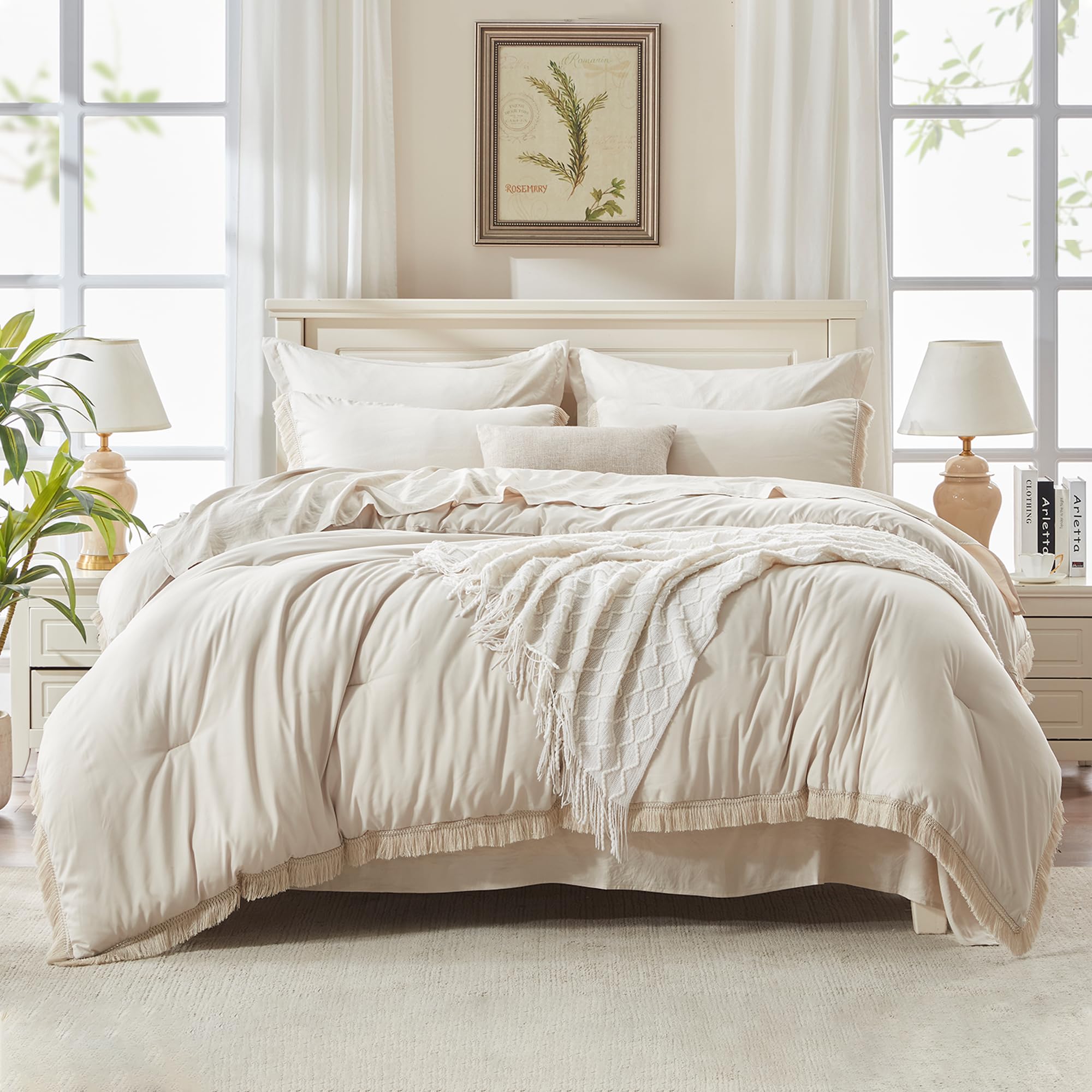 Andency 7 Pieces Comforter Sets -  Bed in a Bag Soft Fluffy Bedding Comforter Sets - Lightweight Cream Boho Tassel Bed Set with Comforter, Sheets, Pillowcases & Shams