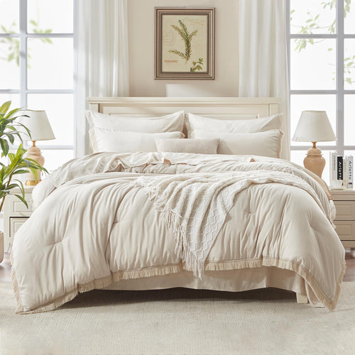 Andency 7 Pieces Comforter Sets -  Bed in a Bag Soft Fluffy Bedding Comforter Sets - Lightweight Cream Boho Tassel Bed Set with Comforter, Sheets, Pillowcases & Shams