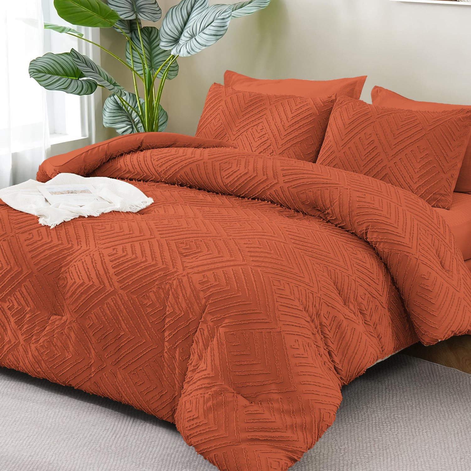 ANGENIA Bohemian Cream Comforter Set with Sheet, 7 Pieces Bed in a Bag Soft Lightweight Fluffy Tufted All Season Bed Set with Comforter, Sheets, Pillowcases & Shams