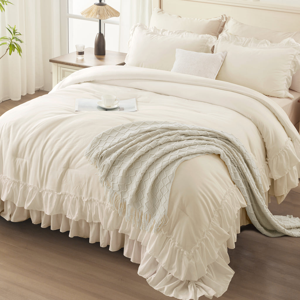 ANGENIA 3 Pieces Ruffle Comforter Set,  Solid Farmhouse Bedding Comforter Sets, Cozy Fluffy Lightweight Down Alternative Bed Set for Girls Teens Women Men