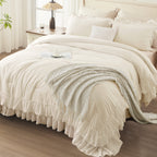ANGENIA 3 Pieces Ruffle Comforter Set,  Solid Farmhouse Bedding Comforter Sets, Cozy Fluffy Lightweight Down Alternative Bed Set for Girls Teens Women Men