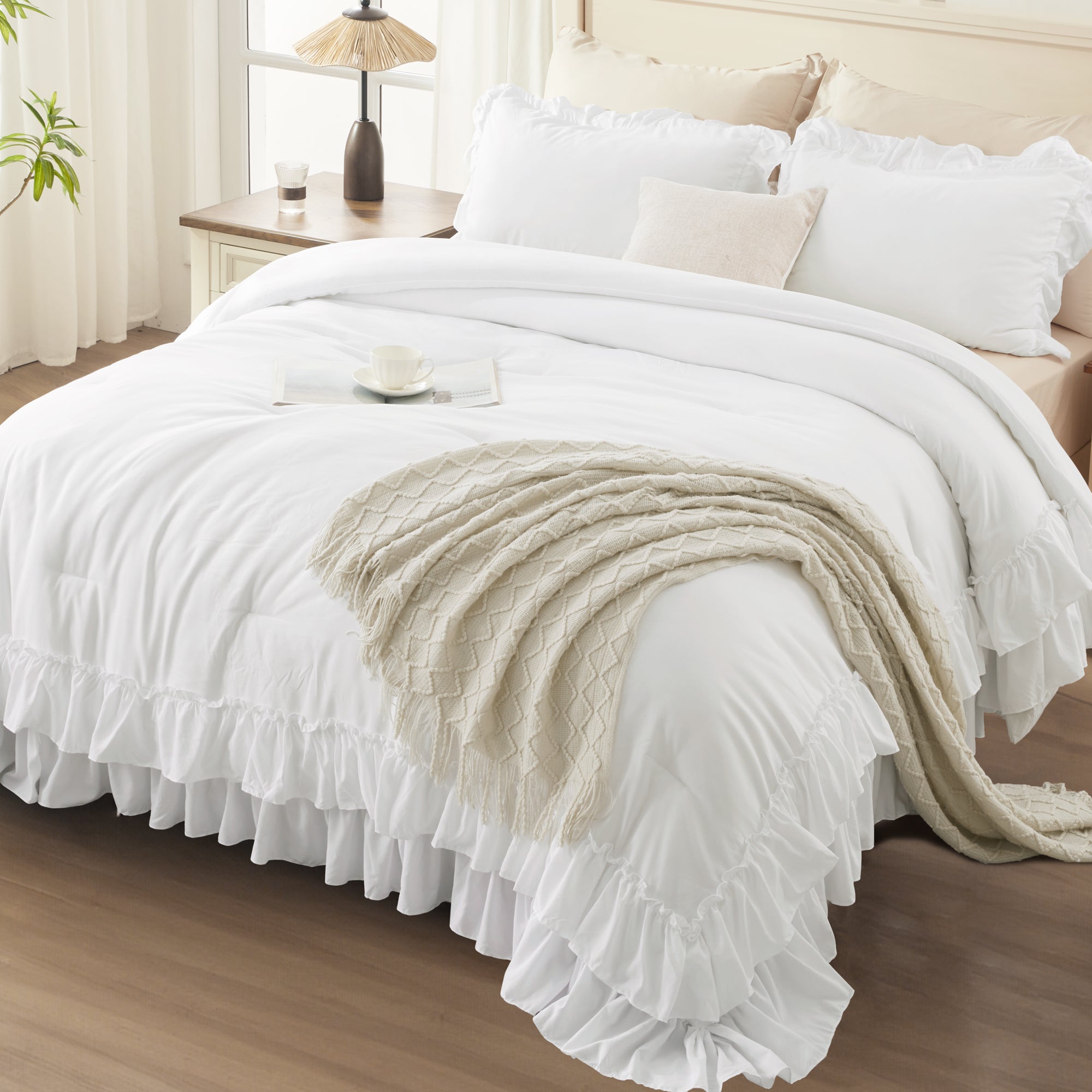 ANGENIA 3 Pieces Ruffle Comforter Set,  Solid Farmhouse Bedding Comforter Sets, Cozy Fluffy Lightweight Down Alternative Bed Set for Girls Teens Women Men