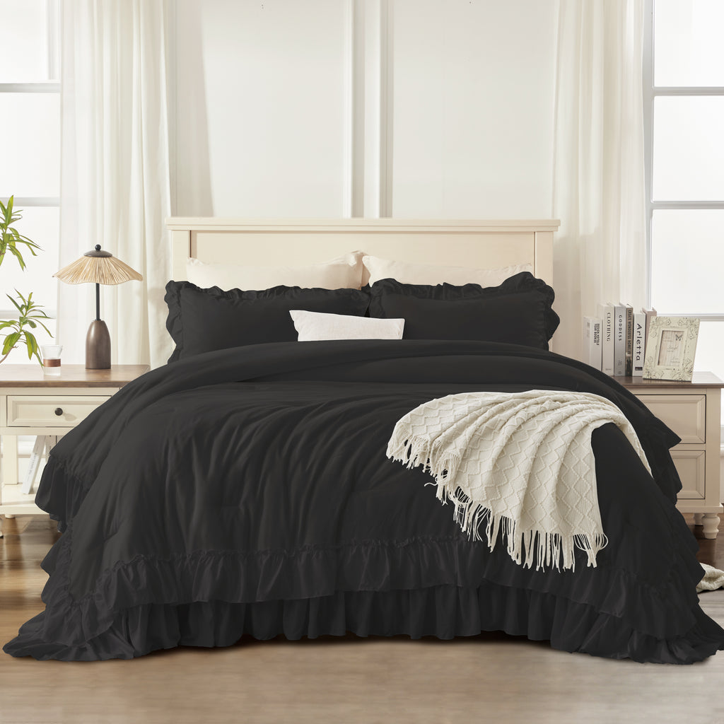 ANGENIA 3 Pieces Ruffle Comforter Set,  Solid Farmhouse Bedding Comforter Sets, Cozy Fluffy Lightweight Down Alternative Bed Set for Girls Teens Women Men