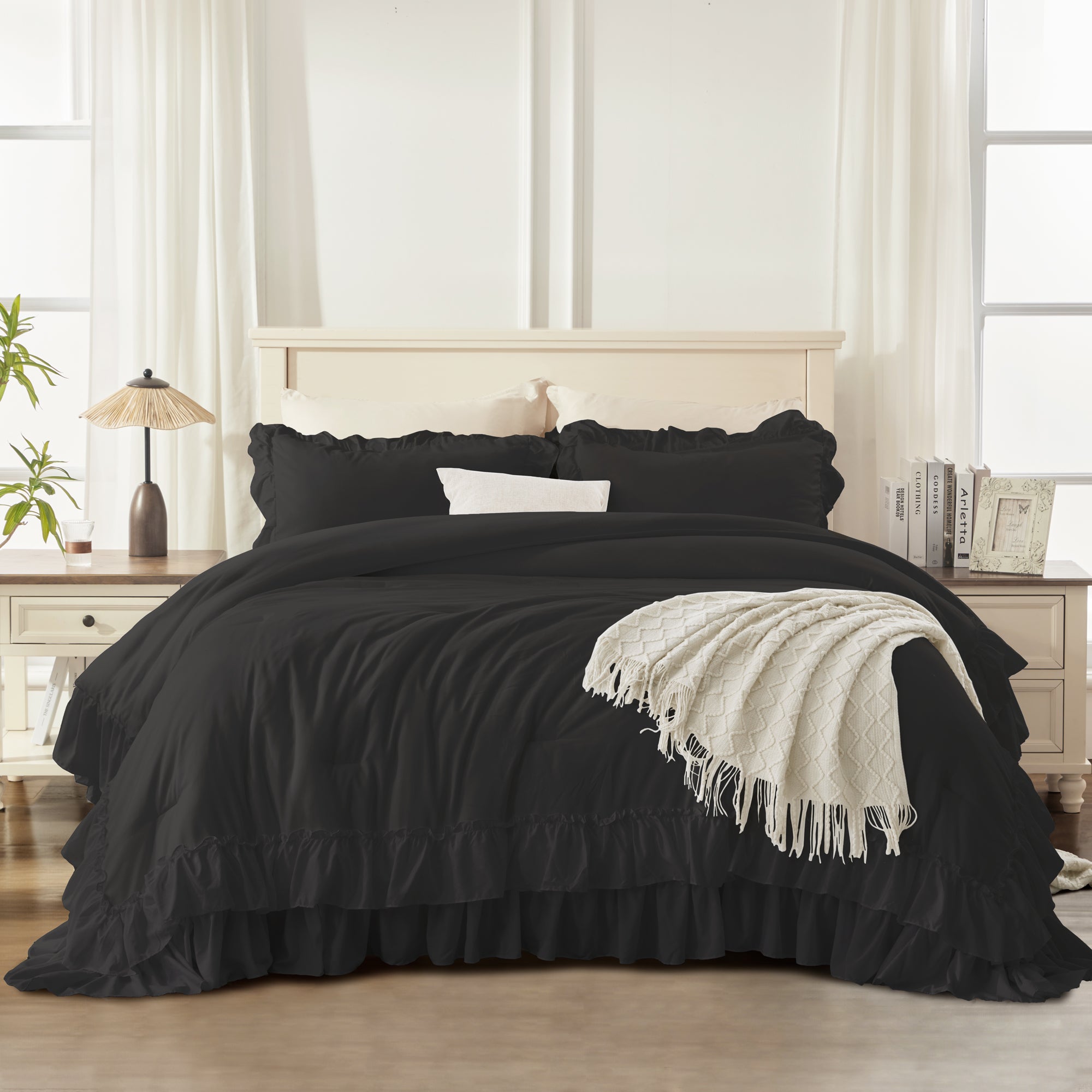 ANGENIA 3 Pieces Ruffle Comforter Set,  Solid Farmhouse Bedding Comforter Sets, Cozy Fluffy Lightweight Down Alternative Bed Set for Girls Teens Women Men