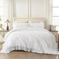 ANGENIA 3 Pieces Ruffle Comforter Set,  Solid Farmhouse Bedding Comforter Sets, Cozy Fluffy Lightweight Down Alternative Bed Set for Girls Teens Women Men