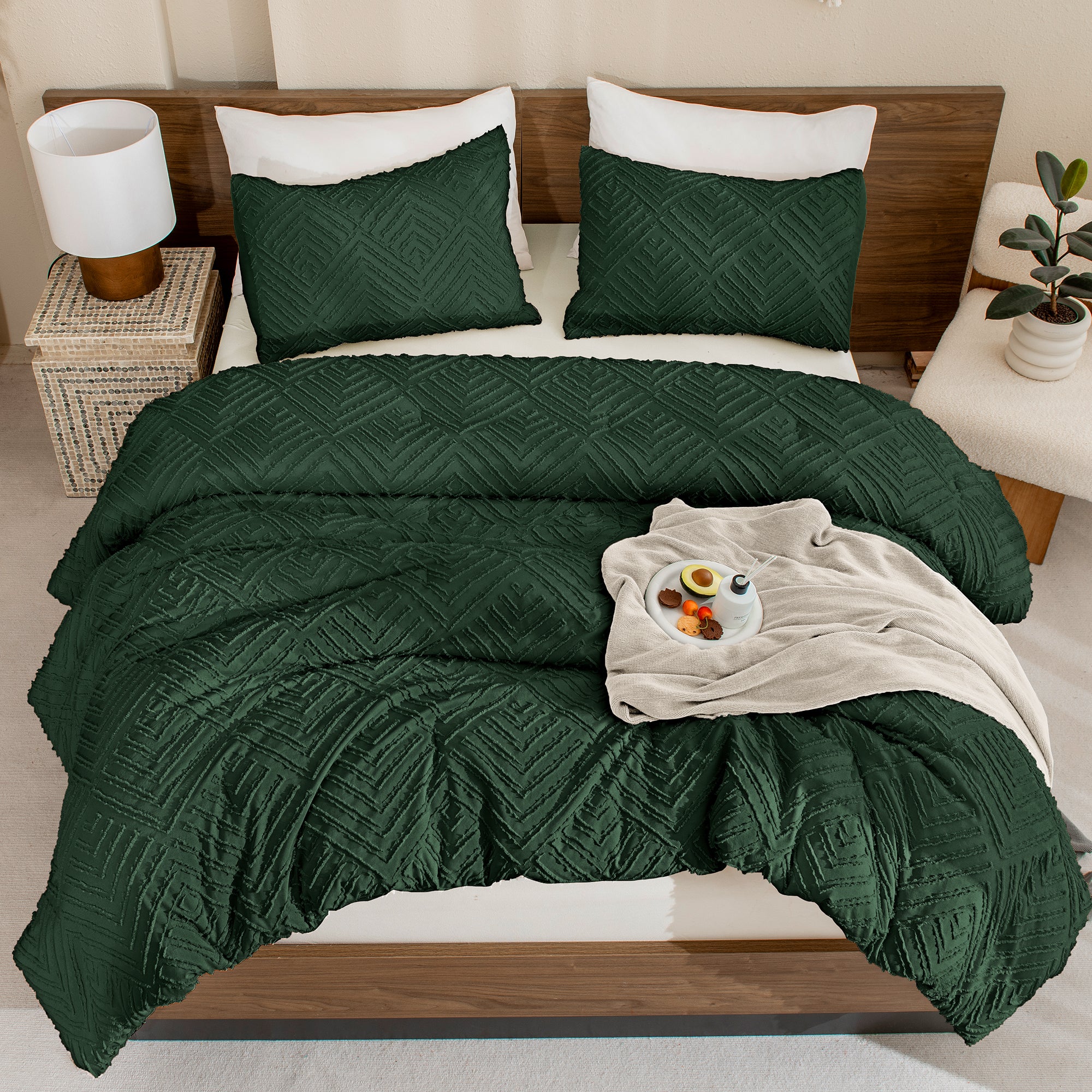 ANGENIA Comforter Set, 3 Pieces Fluffy Cream Boho Bedding Comforters Set, Soft Lightweight Tufted Down Alternative Bed Set for All Season