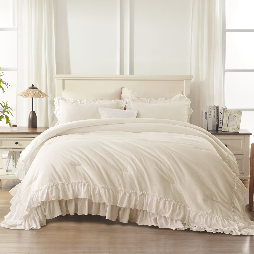 ANGENIA 3 Pieces Ruffle Comforter Set,  Solid Farmhouse Bedding Comforter Sets, Cozy Fluffy Lightweight Down Alternative Bed Set for Girls Teens Women Men