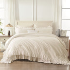 ANGENIA 3 Pieces Ruffle Comforter Set,  Solid Farmhouse Bedding Comforter Sets, Cozy Fluffy Lightweight Down Alternative Bed Set for Girls Teens Women Men