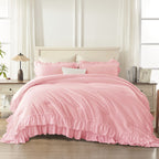 ANGENIA 3 Pieces Ruffle Comforter Set,  Solid Farmhouse Bedding Comforter Sets, Cozy Fluffy Lightweight Down Alternative Bed Set for Girls Teens Women Men
