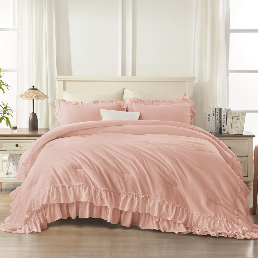 ANGENIA 3 Pieces Ruffle Comforter Set,  Solid Farmhouse Bedding Comforter Sets, Cozy Fluffy Lightweight Down Alternative Bed Set for Girls Teens Women Men