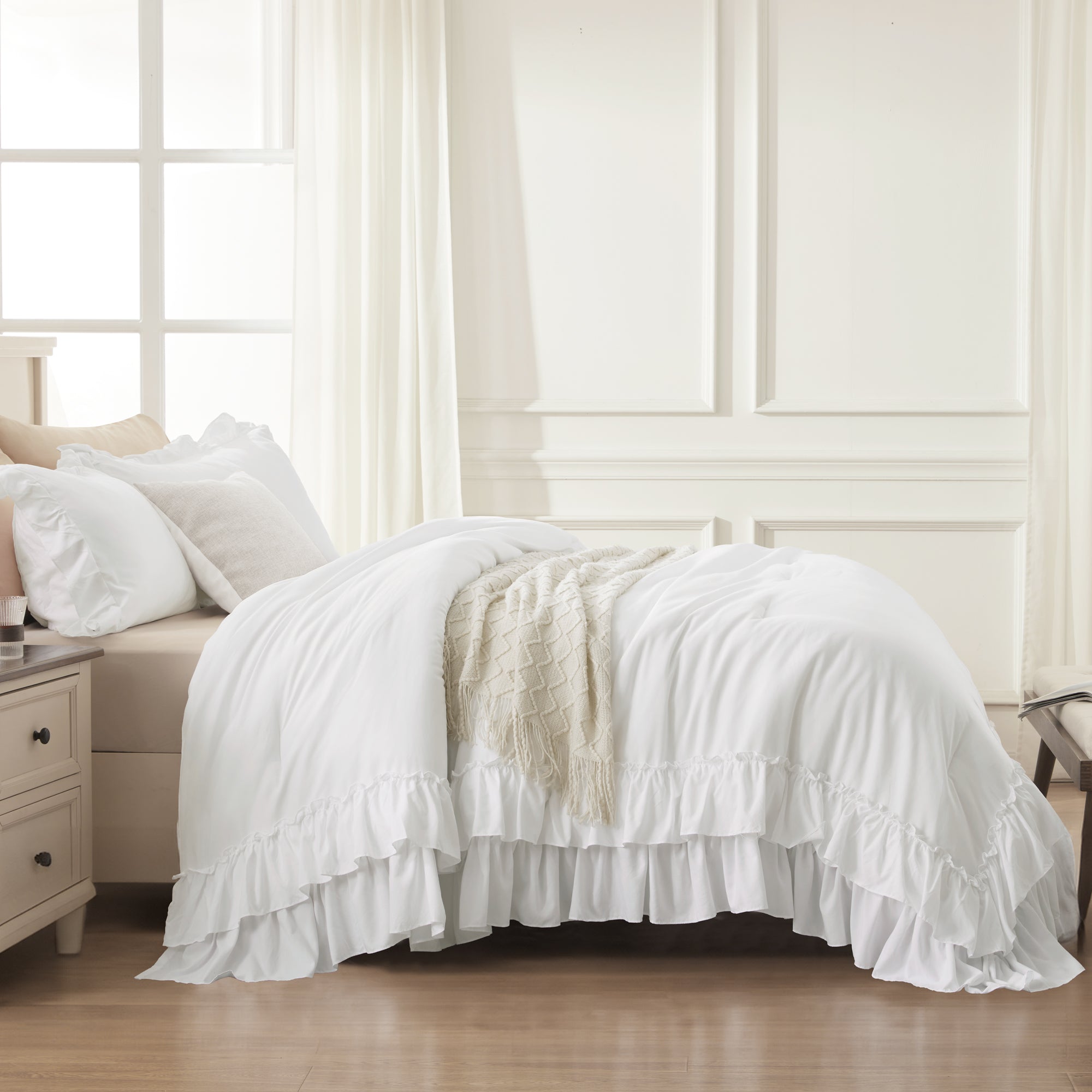 ANGENIA 3 Pieces Ruffle Comforter Set,  Solid Farmhouse Bedding Comforter Sets, Cozy Fluffy Lightweight Down Alternative Bed Set for Girls Teens Women Men