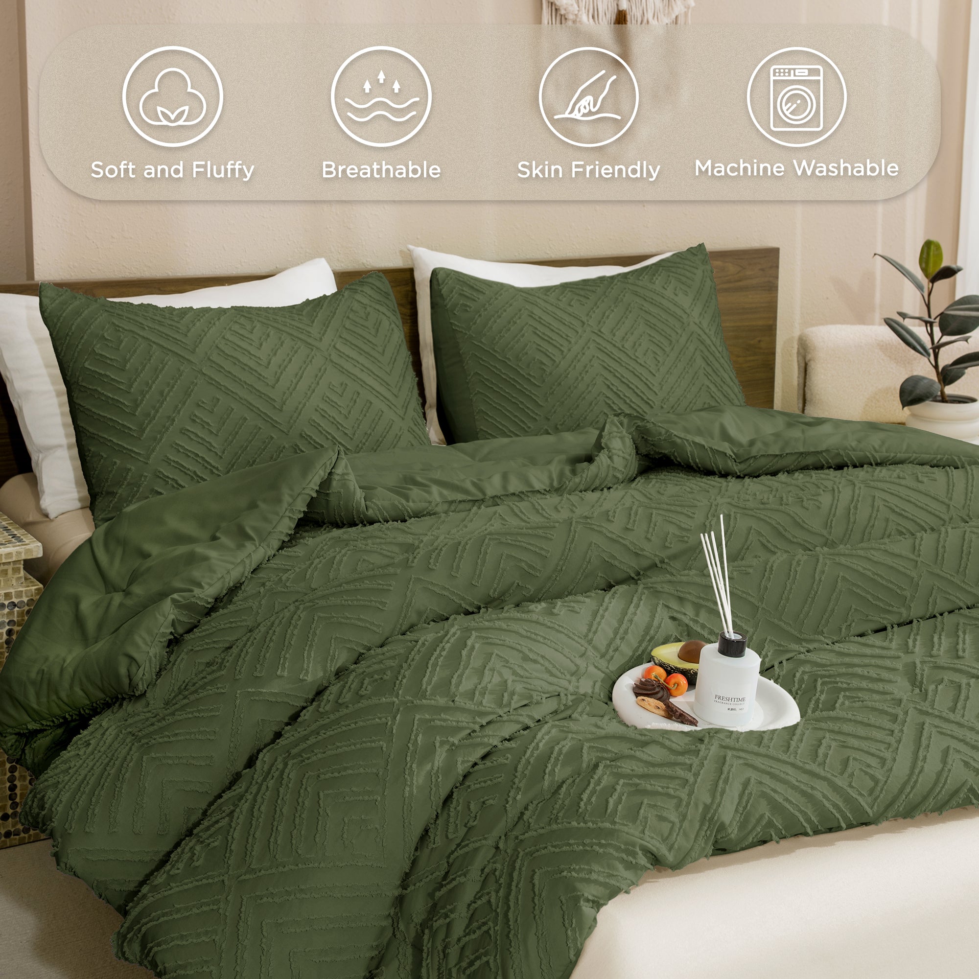 ANGENIA Comforter Set, 3 Pieces Fluffy Cream Boho Bedding Comforters Set, Soft Lightweight Tufted Down Alternative Bed Set for All Season