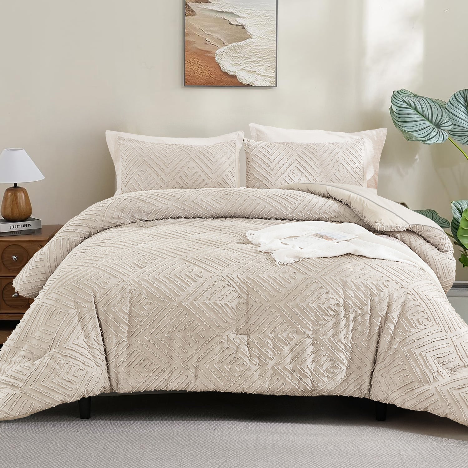 ANGENIA Bohemian Cream Comforter Set with Sheet, 7 Pieces Bed in a Bag Soft Lightweight Fluffy Tufted All Season Bed Set with Comforter, Sheets, Pillowcases & Shams