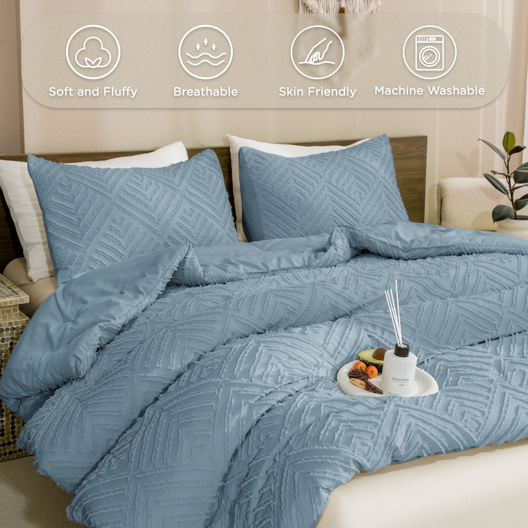 ANGENIA Comforter Set, 3 Pieces Fluffy Cream Boho Bedding Comforters Set, Soft Lightweight Tufted Down Alternative Bed Set for All Season