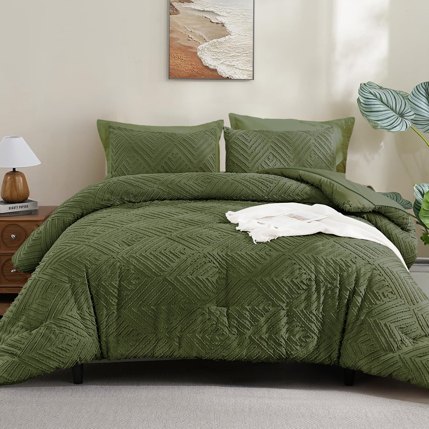 ANGENIA Bohemian Cream Comforter Set with Sheet, 7 Pieces Bed in a Bag Soft Lightweight Fluffy Tufted All Season Bed Set with Comforter, Sheets, Pillowcases & Shams