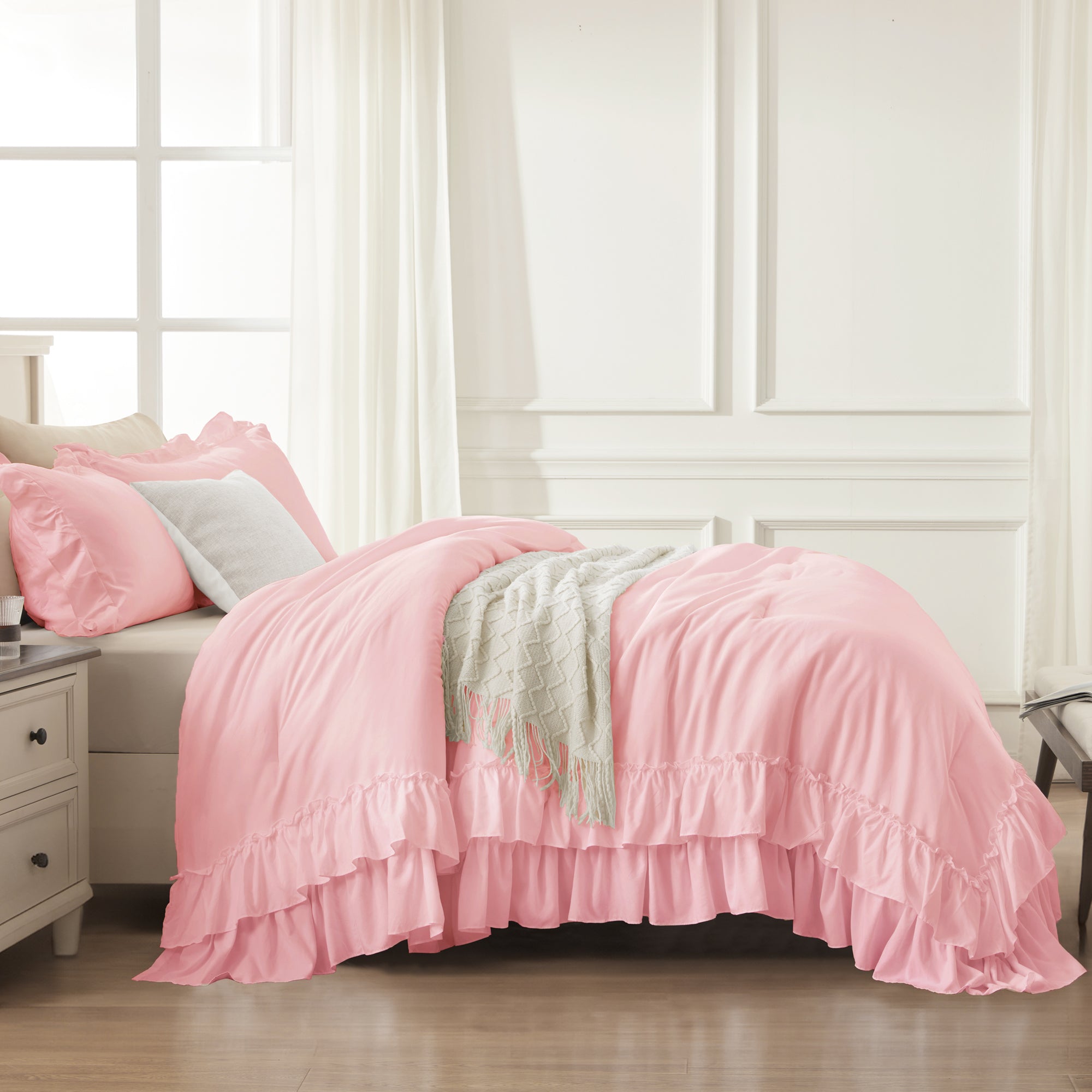 ANGENIA 3 Pieces Ruffle Comforter Set,  Solid Farmhouse Bedding Comforter Sets, Cozy Fluffy Lightweight Down Alternative Bed Set for Girls Teens Women Men