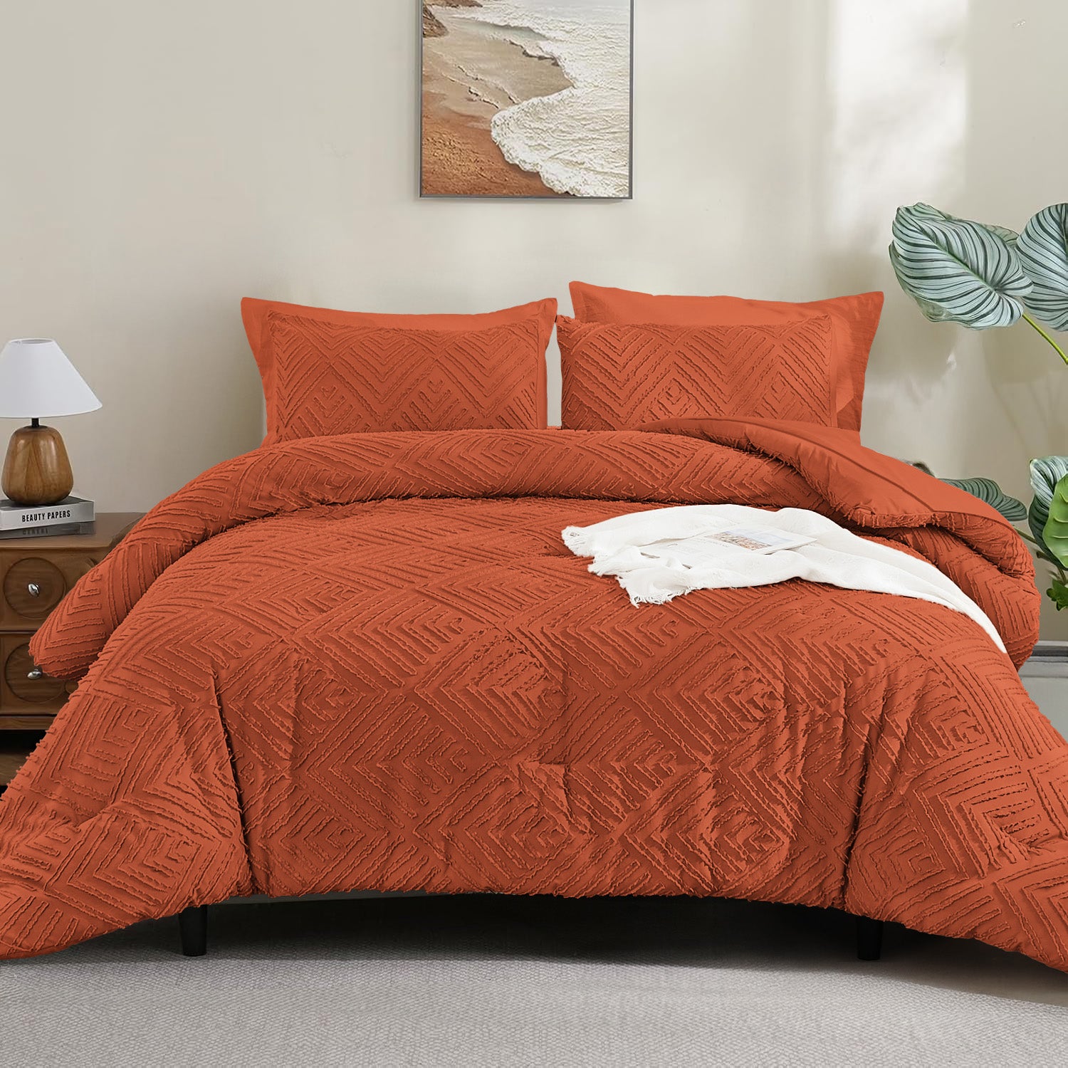 ANGENIA Bohemian Cream Comforter Set with Sheet, 7 Pieces Bed in a Bag Soft Lightweight Fluffy Tufted All Season Bed Set with Comforter, Sheets, Pillowcases & Shams