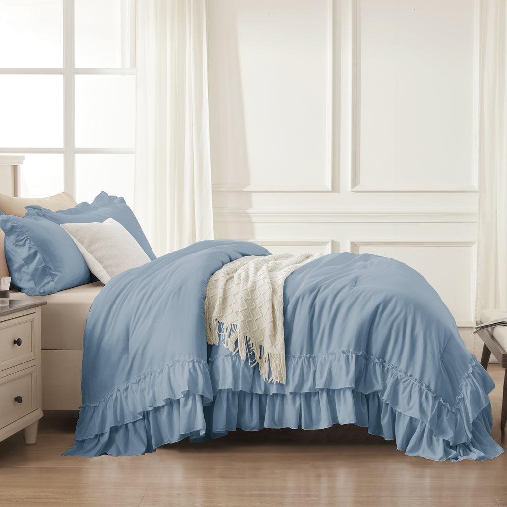 ANGENIA 3 Pieces Ruffle Comforter Set,  Solid Farmhouse Bedding Comforter Sets, Cozy Fluffy Lightweight Down Alternative Bed Set for Girls Teens Women Men
