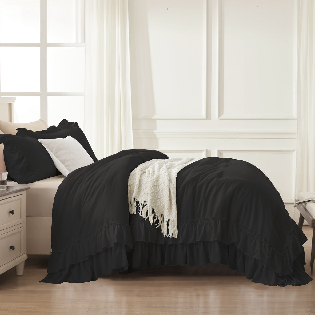 ANGENIA 3 Pieces Ruffle Comforter Set,  Solid Farmhouse Bedding Comforter Sets, Cozy Fluffy Lightweight Down Alternative Bed Set for Girls Teens Women Men