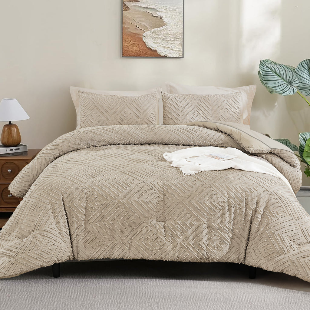 ANGENIA Bohemian Cream Comforter Set with Sheet, 7 Pieces Bed in a Bag Soft Lightweight Fluffy Tufted All Season Bed Set with Comforter, Sheets, Pillowcases & Shams