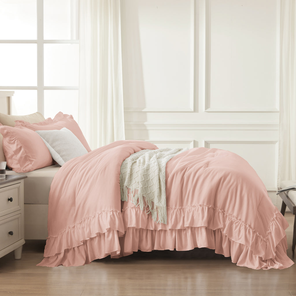 ANGENIA 3 Pieces Ruffle Comforter Set,  Solid Farmhouse Bedding Comforter Sets, Cozy Fluffy Lightweight Down Alternative Bed Set for Girls Teens Women Men