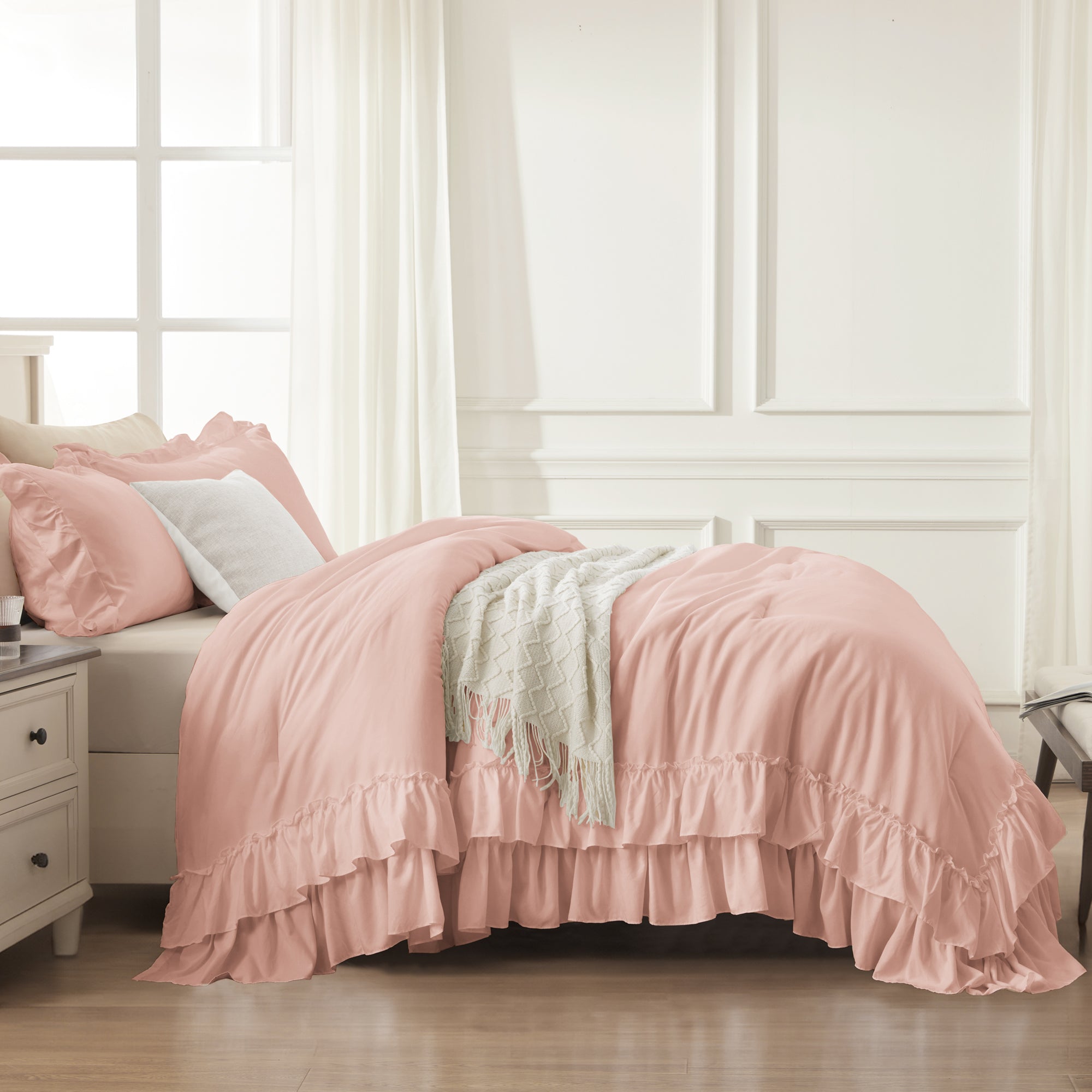 ANGENIA 3 Pieces Ruffle Comforter Set,  Solid Farmhouse Bedding Comforter Sets, Cozy Fluffy Lightweight Down Alternative Bed Set for Girls Teens Women Men