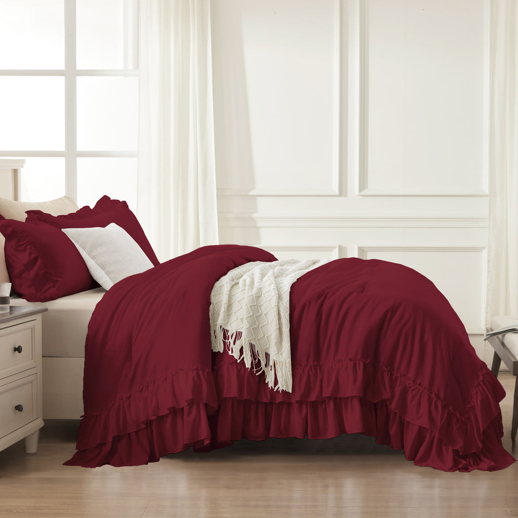 ANGENIA 3 Pieces Ruffle Comforter Set,  Solid Farmhouse Bedding Comforter Sets, Cozy Fluffy Lightweight Down Alternative Bed Set for Girls Teens Women Men