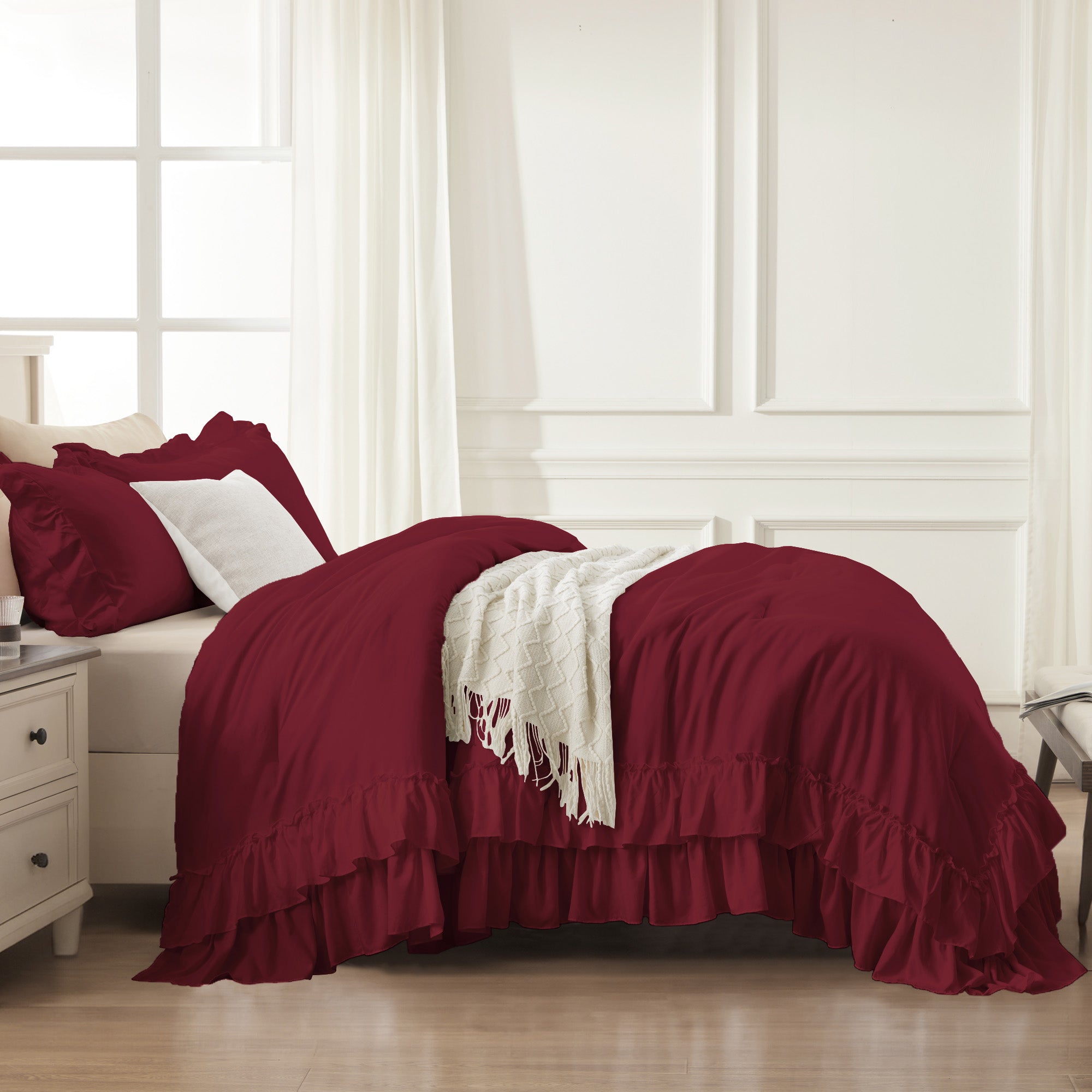 ANGENIA 3 Pieces Ruffle Comforter Set,  Solid Farmhouse Bedding Comforter Sets, Cozy Fluffy Lightweight Down Alternative Bed Set for Girls Teens Women Men