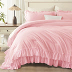 ANGENIA 3 Pieces Ruffle Comforter Set,  Solid Farmhouse Bedding Comforter Sets, Cozy Fluffy Lightweight Down Alternative Bed Set for Girls Teens Women Men