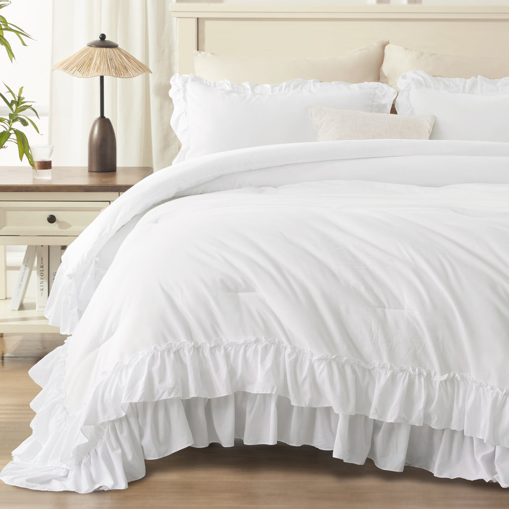 ANGENIA 3 Pieces Ruffle Comforter Set,  Solid Farmhouse Bedding Comforter Sets, Cozy Fluffy Lightweight Down Alternative Bed Set for Girls Teens Women Men