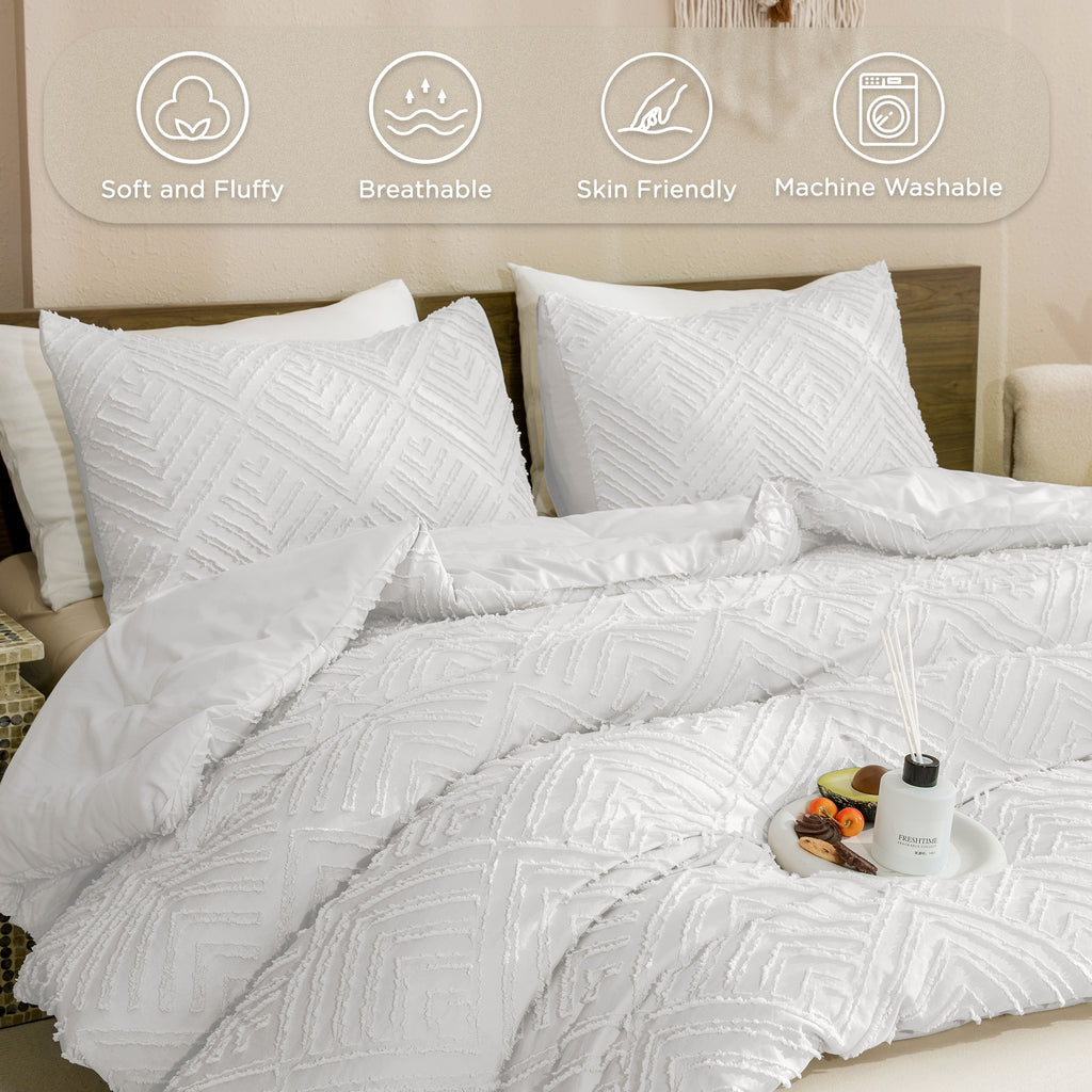 ANGENIA Comforter Set, 3 Pieces Fluffy Cream Boho Bedding Comforters Set, Soft Lightweight Tufted Down Alternative Bed Set for All Season