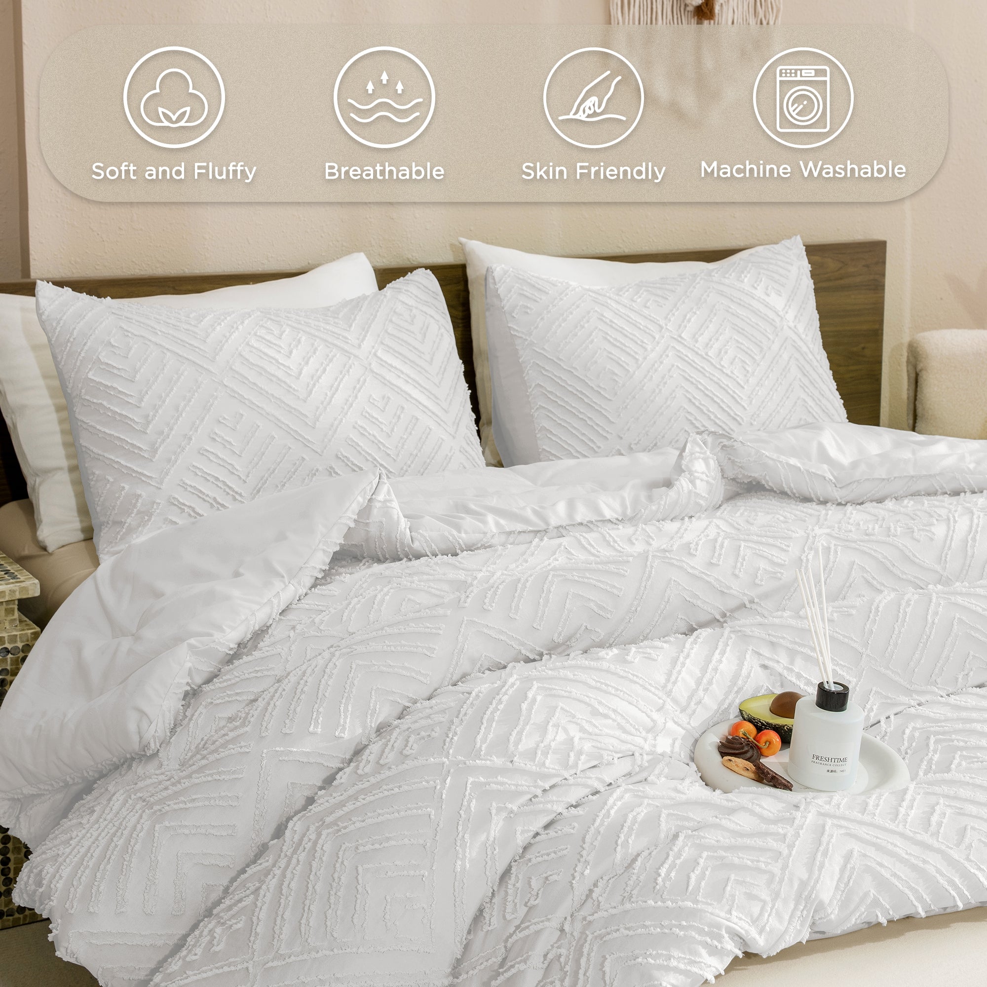 ANGENIA Comforter Set, 3 Pieces Fluffy Cream Boho Bedding Comforters Set, Soft Lightweight Tufted Down Alternative Bed Set for All Season