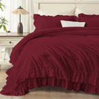 ANGENIA 3 Pieces Ruffle Comforter Set,  Solid Farmhouse Bedding Comforter Sets, Cozy Fluffy Lightweight Down Alternative Bed Set for Girls Teens Women Men