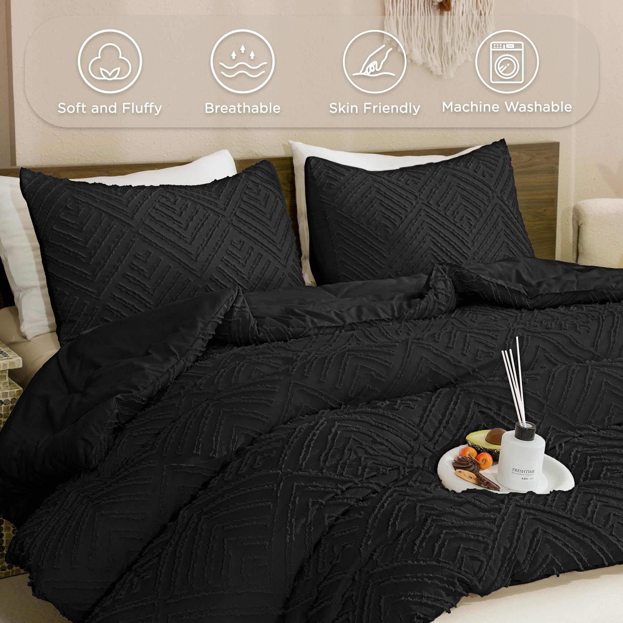 ANGENIA Comforter Set, 3 Pieces Fluffy Cream Boho Bedding Comforters Set, Soft Lightweight Tufted Down Alternative Bed Set for All Season