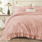 ANGENIA 3 Pieces Ruffle Comforter Set,  Solid Farmhouse Bedding Comforter Sets, Cozy Fluffy Lightweight Down Alternative Bed Set for Girls Teens Women Men